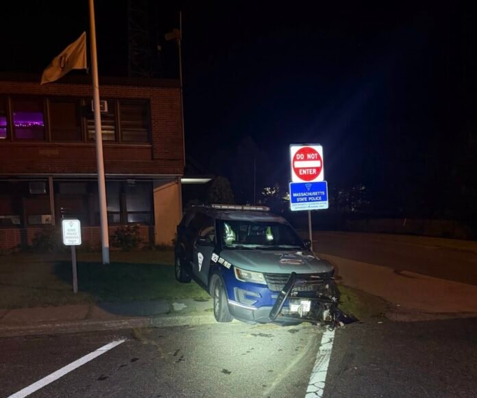 MSP photo of the patrol car damaged by the tractor-trailer