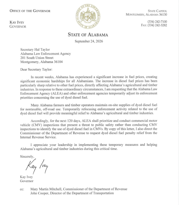 Alabama Governor Suspends Dyed Diesel Enforcement Amid Surging Fuel Prices
