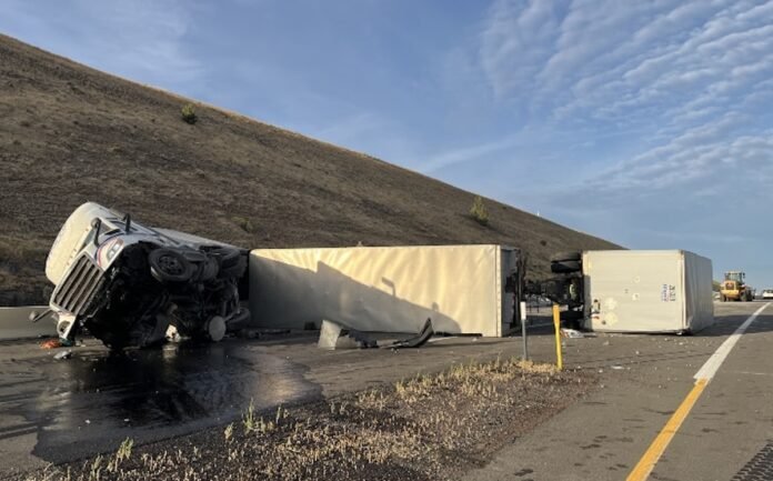 Triple-trailer driver arrested for intoxication following multi-vehicle wreck